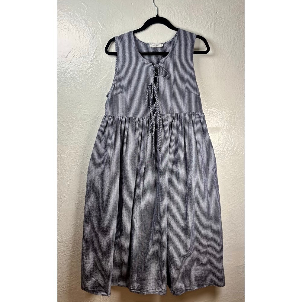 MOD REF Midi Dress Womens Large Grey Lace Up Cotton Lagenlook Cottage Coastal